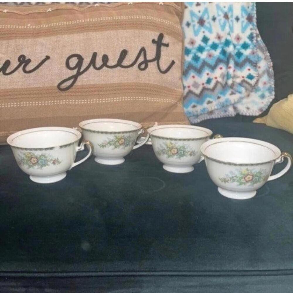 Made in Japan Set of 4 White and Floral Teacups with Gold Trim